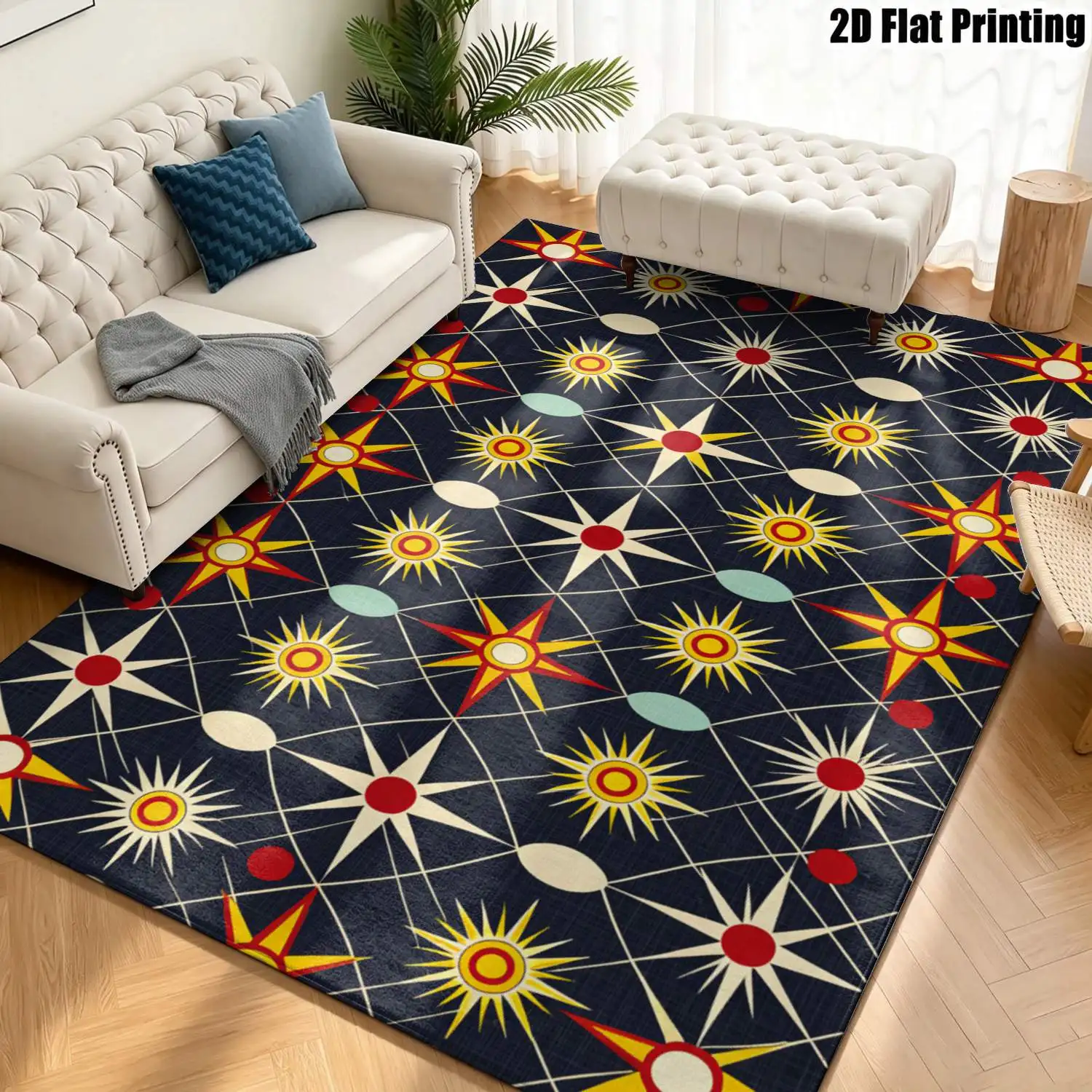 1Pc 2D Printed Retro Starburst Geometric Nordic Minimalist Carpet, Home Decor, Multi-Size, Machine Washable, for Entrance, Dining, Foyer, Study, Living, Bedroom