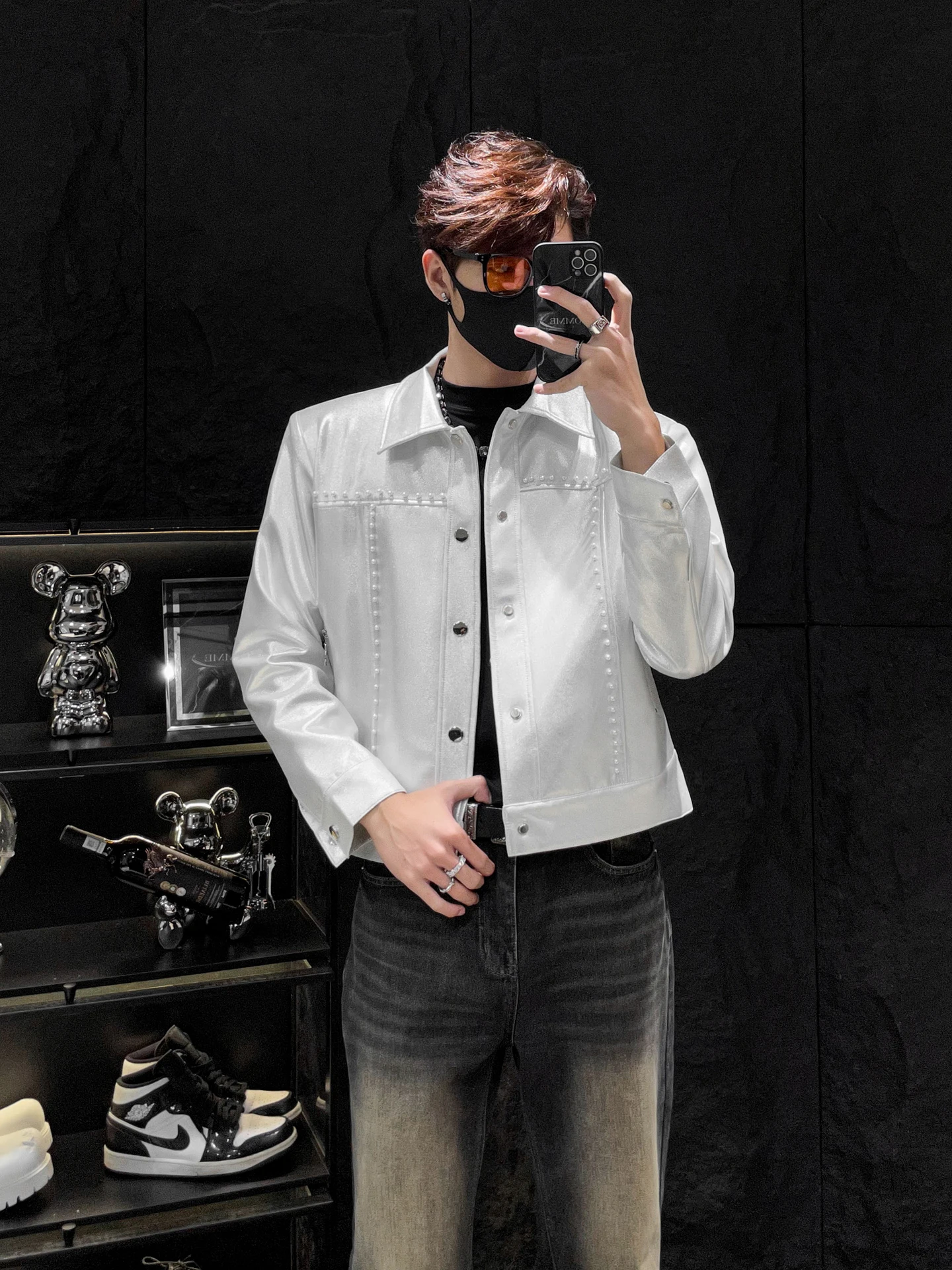 

HOMME Men's ort Jaet oulder Pads Liquid Bright Silver Loose Fit Youth Trendy Polyester Fiber Long Sve Coat