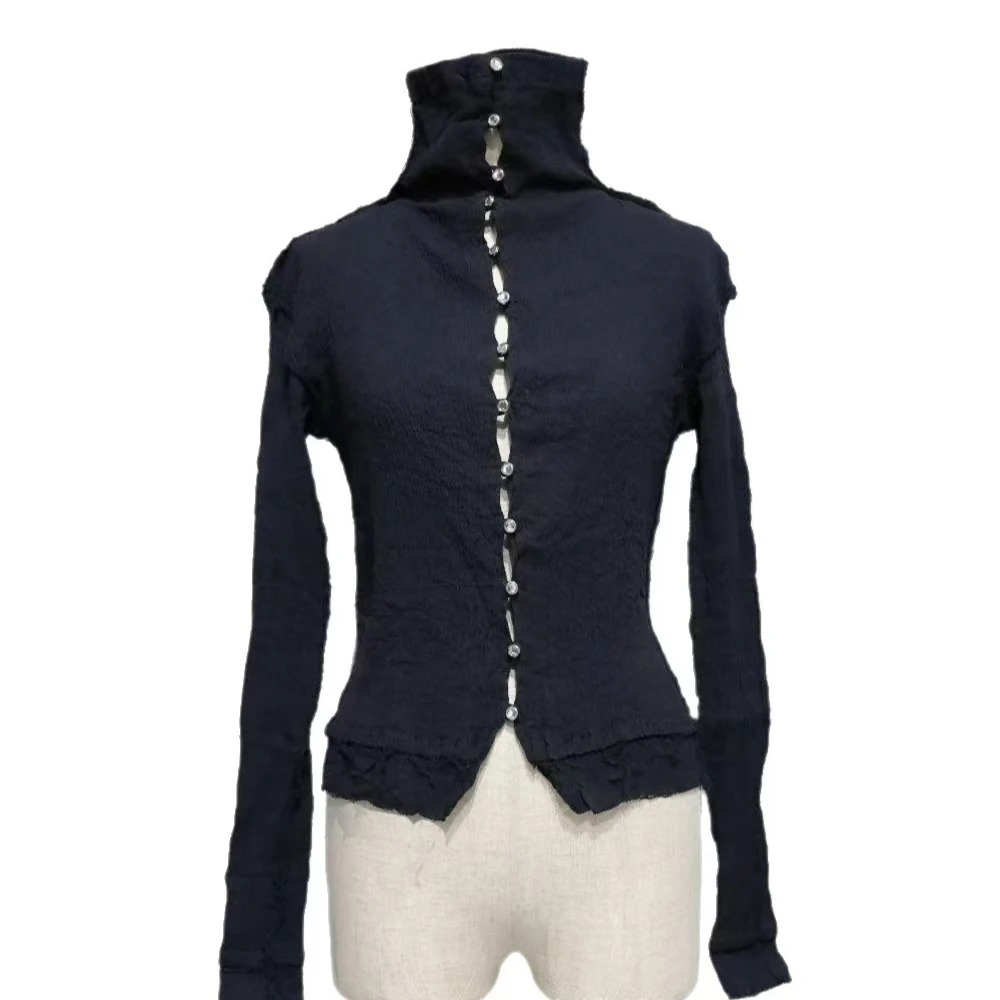 

Y2k Harajuku Millennium High Collar Breasted Slim Personality Fashion American Retro Hot Girl Gothic Punk Long Sleeve T-Shirt