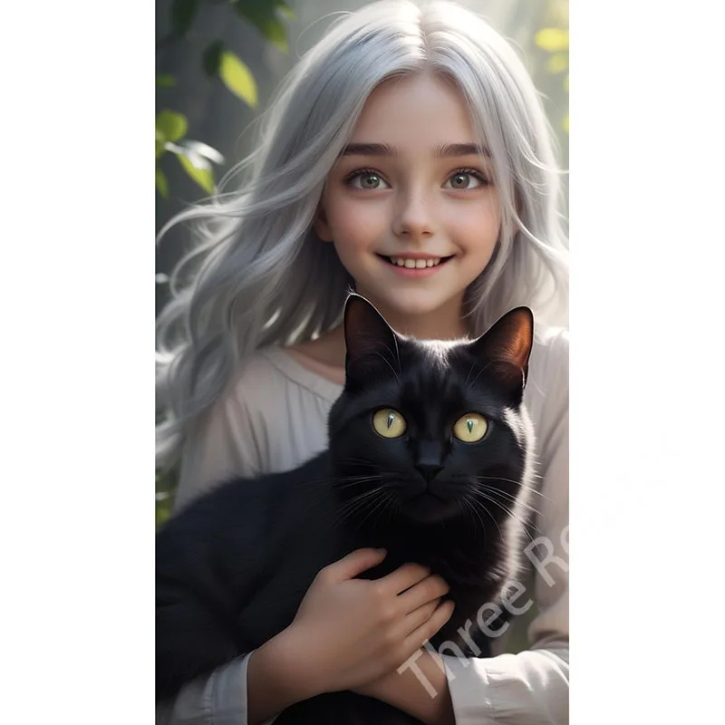 Three Ratels QHR2 Beautiful Girl and Black Cat Anime Wall Decal Room Decoration