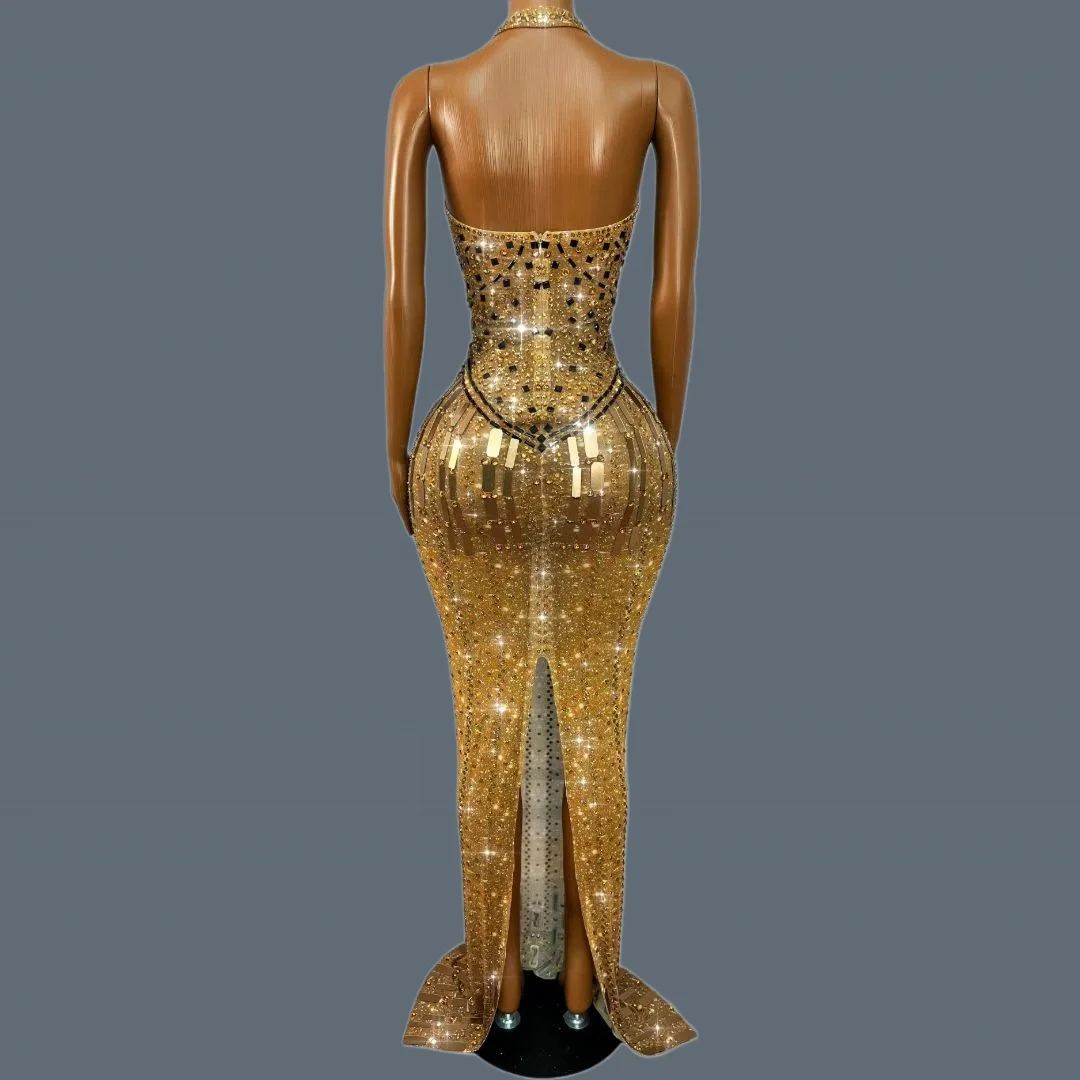 Women Halter See Through Mesh Maxi Dress Gold Rhinestone Sequins Mermaid Evening Gown Formal Event Club Show Wear Gutongjingpian