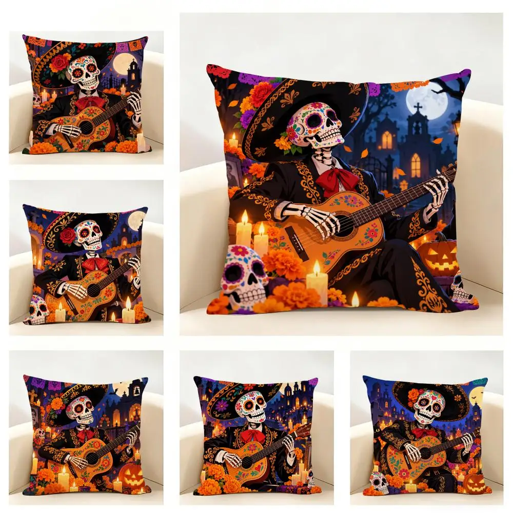 H-Halloween Dia de los Muertos Skeleton Cushion Cover Linen Minimalist Soft  for Sofa Bed Home Room Decor