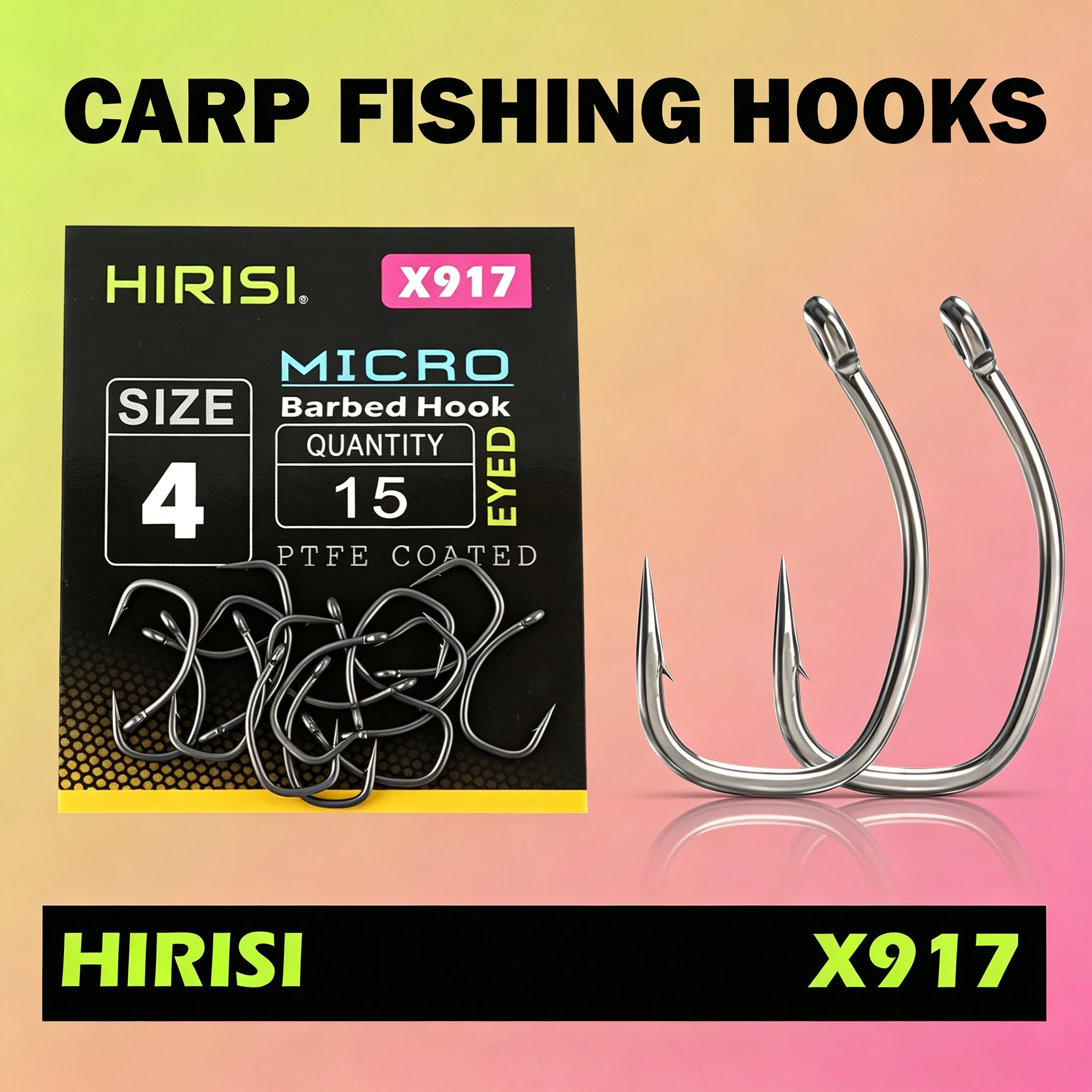 Рыболовные крючки Hirisi, 15 шт., для ловли карпа, с ушком, микро-зазубринами, из высокоуглеродистой стали, с PTFE-покрытием, рыболовные принадлежности