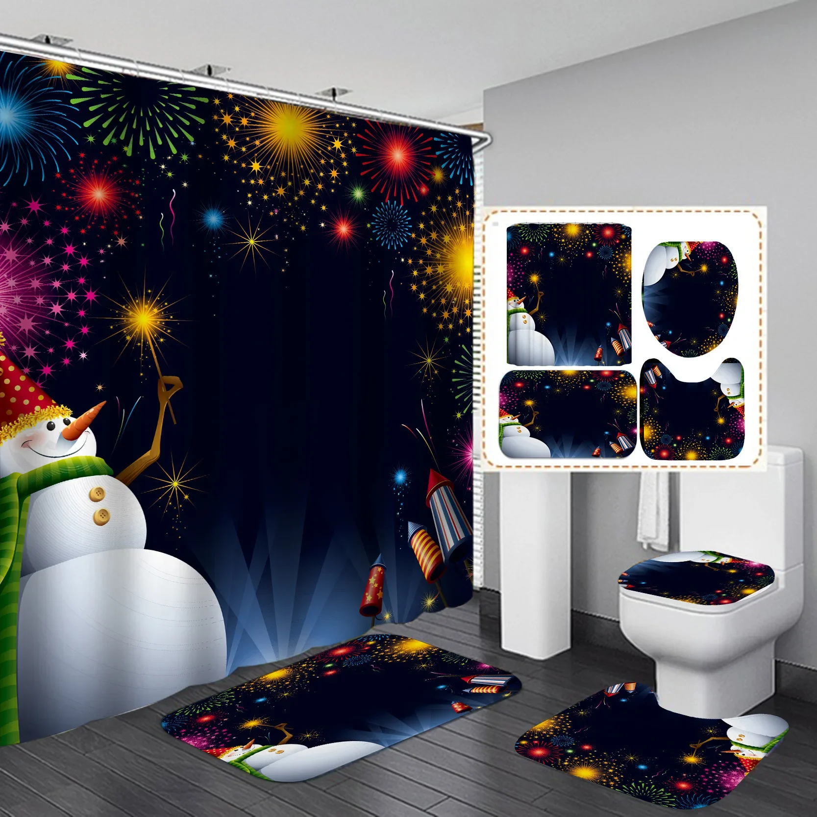 Christmas Shower Curtain Set Santa Snowman Reindeer Xmas Print Waterproof Bath Curtain 3/4pcs Bathroom Holiday Decor