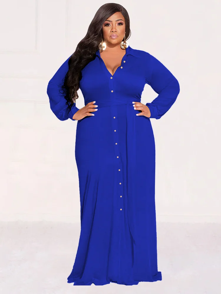 Wmstar Plus Size Dresses Women Fall Clothes Button Loose Solid Long Elegant Maxi Shirts Dress New Style Wholesale Dropshipping