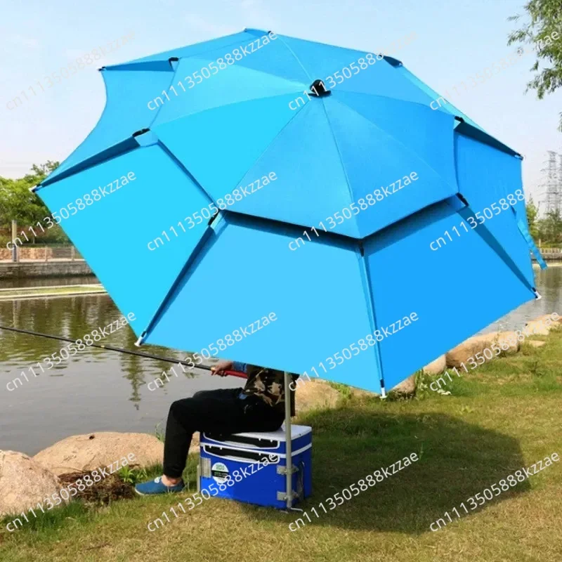 2.2M Double-Layer Fold Parasol Fishing Rod Fishing Umbrella Outdoor Camping Beach Parasol Windproof Umbrella Shade Fishing tools