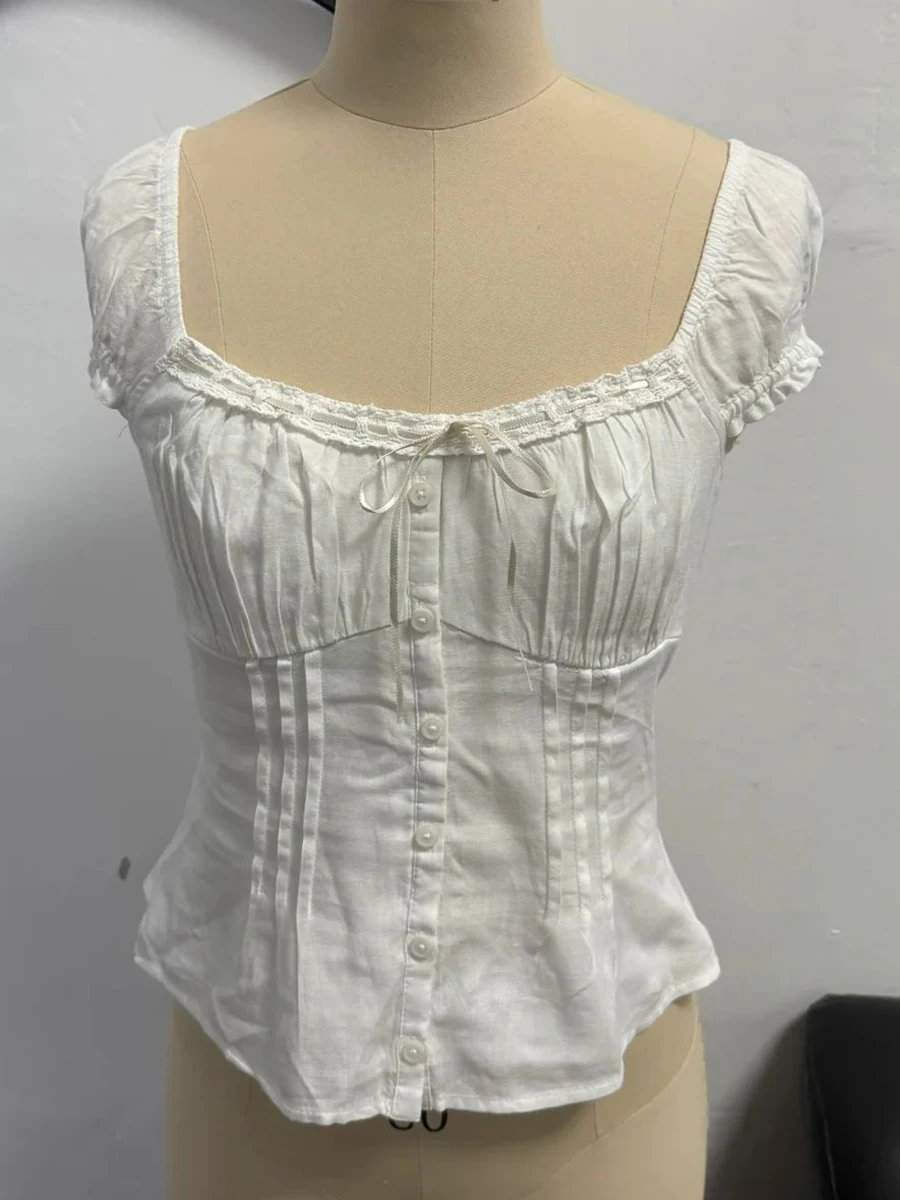 

Solid Pleated Slim Puff Sleeve Blouse T-shirt Women Button-up Lace-up Square Collar T-shirts Summer Simple Casual Sweet Crop Top