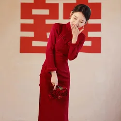 Red Formal Dress With Velvet In Winter, Autumn And Winter Qipao, Bride's Wedding Casual Dress, 2025 New Styl Engagement Dress