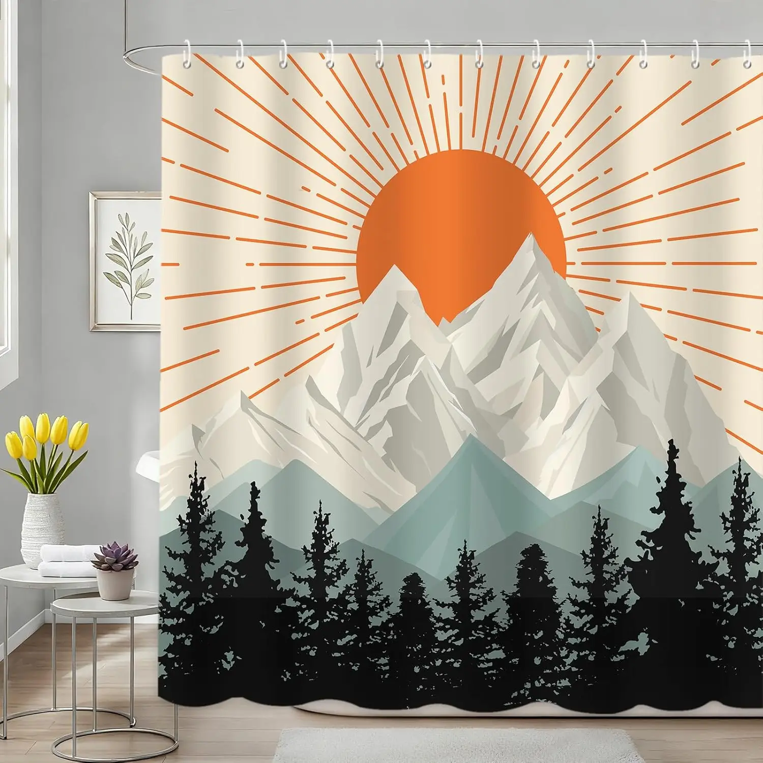 

Boho Shower Curtain for Bathroom,Abstract Sunset Geometric Mountain Forest Aesthetic Shower Curtains Set,Bohemian Minimalist