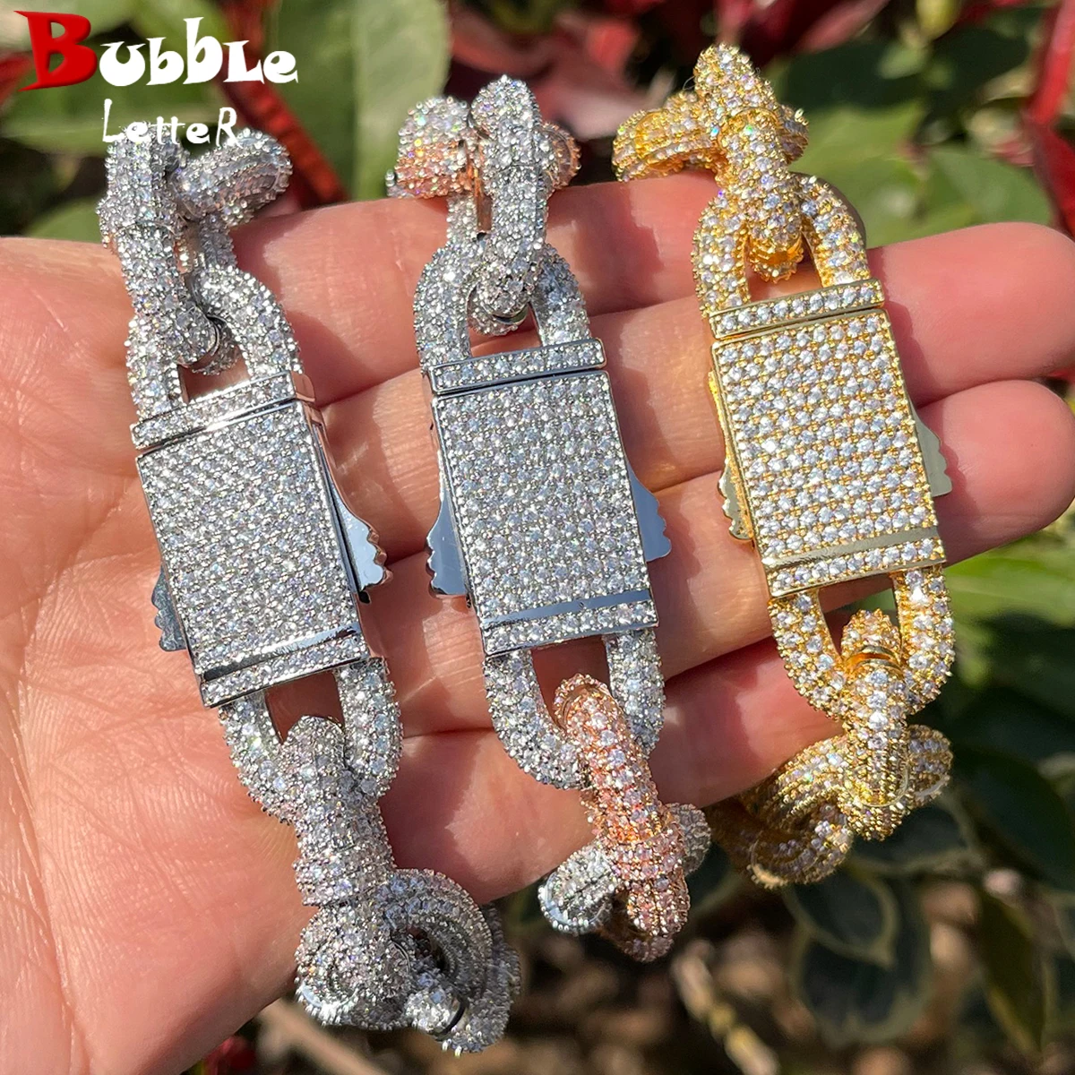 

Bubble Letter Iced Out Bracelet for Men Box Cuban Link Charms Cubic Zircon Gold Plated Hip Hop Jewelry Spring Clasp