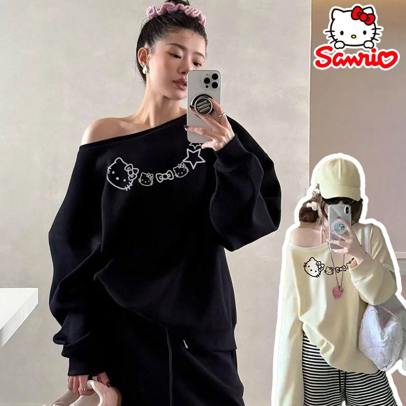 

Sanrio Hello Kitty толстовка с длинными рукавами футболка с героями мультфильмов Y2K модный топ Kawaii теплый осенне-зимний повседневный свитшот одежда подарок