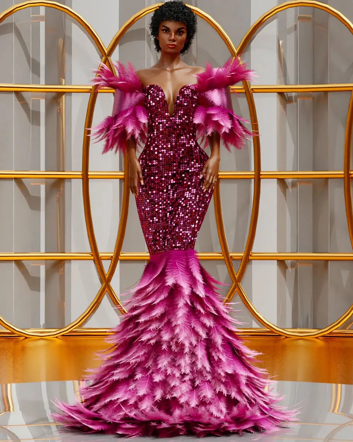 ローズレッドマーメイドイブニングドレス V ネック半袖フェザースパンコールプラスサイズウエディングドレスアフリカフォーマルパーティー着用