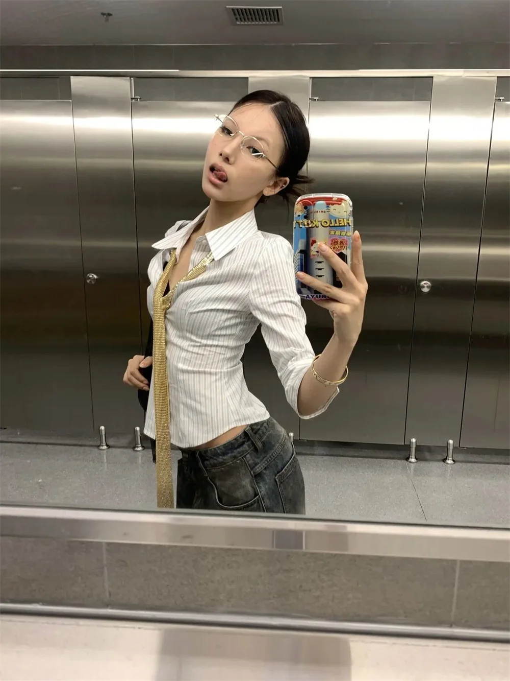 Striped Shirt Women Casual Streetwear Blouses Half Slim Summer Shirt Y2k Vintage Korean Fashion Tops Streetwear Emo Retro Shirts view 6