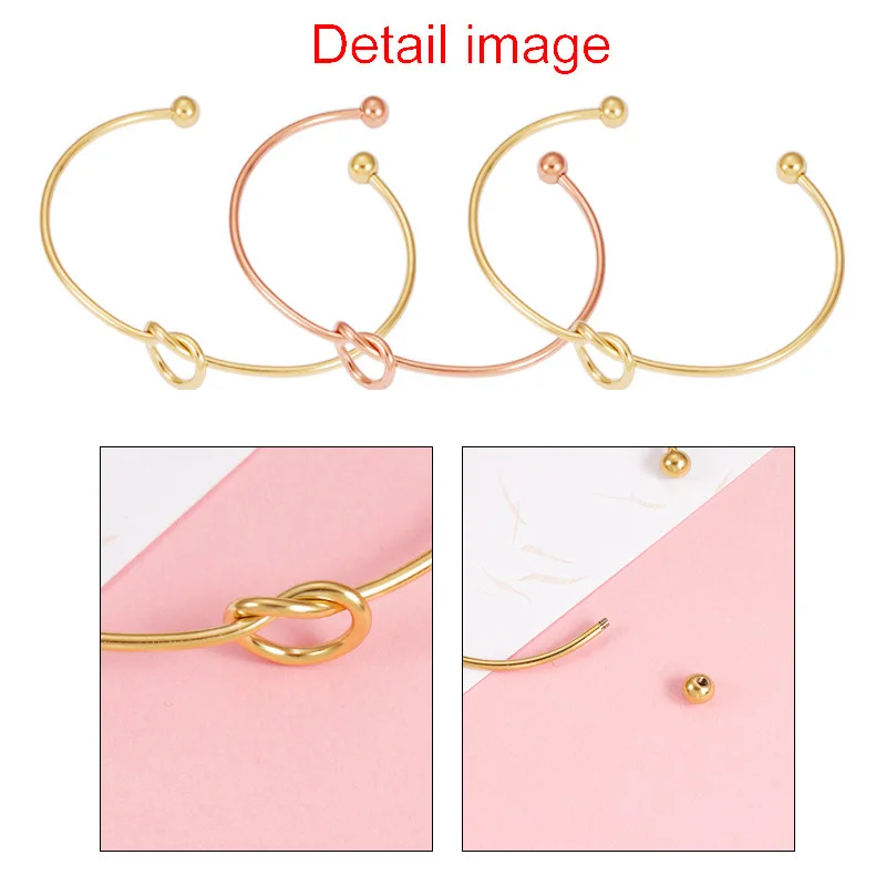 10Pcs/Lot 65mm Mirror Polish Stainless Steel Cuff Open Heart Knot Bangles Thread Ends Removable Bangles For Womens Jewelry