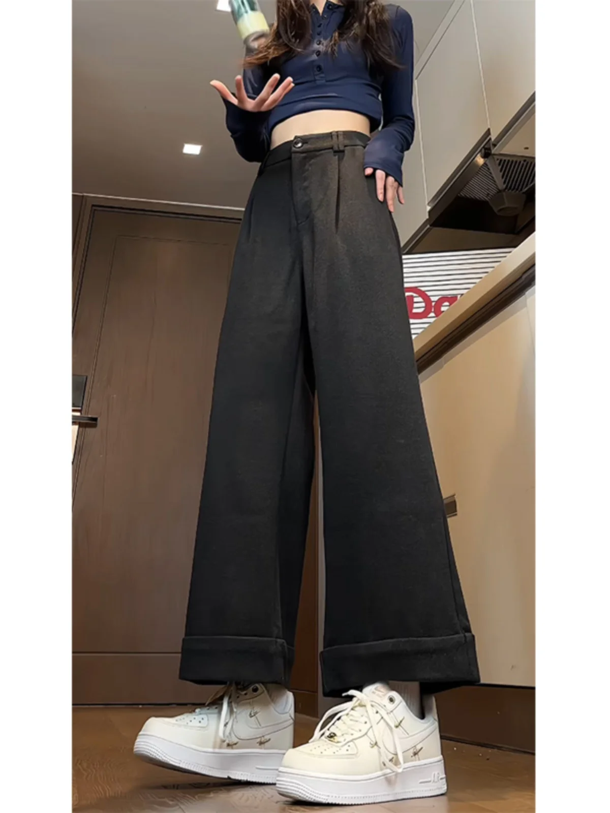 

Мужские шерстяные брюки Bla с высокой талией, осенне-зимние, широкие, повседневные, свободные, прямого кроя, теплые, комфортные, модные