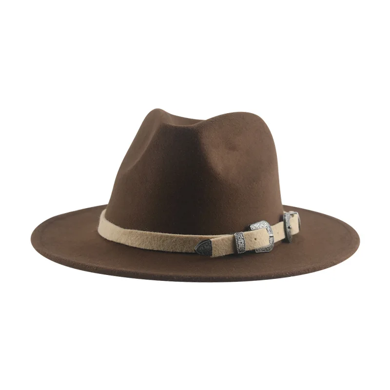 

Metal Belt Jazz Woolen Hat Autumn And Winter Big Brim Fur Felt Hat Cross-border Hot Selling British Outing Party Cowboy Hat