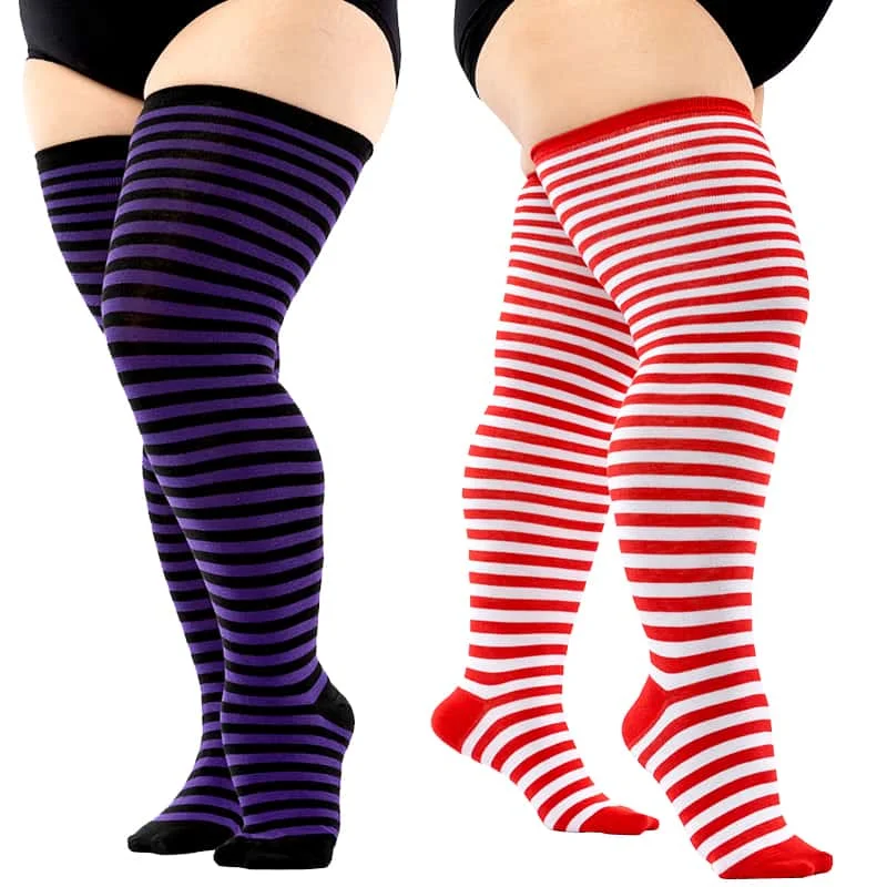 Plus Size XXXXL Woman's Stockings Autumn Winter Thick Extra Black White Striped Over the Knee Long Socks Thigh High Leg Warmers