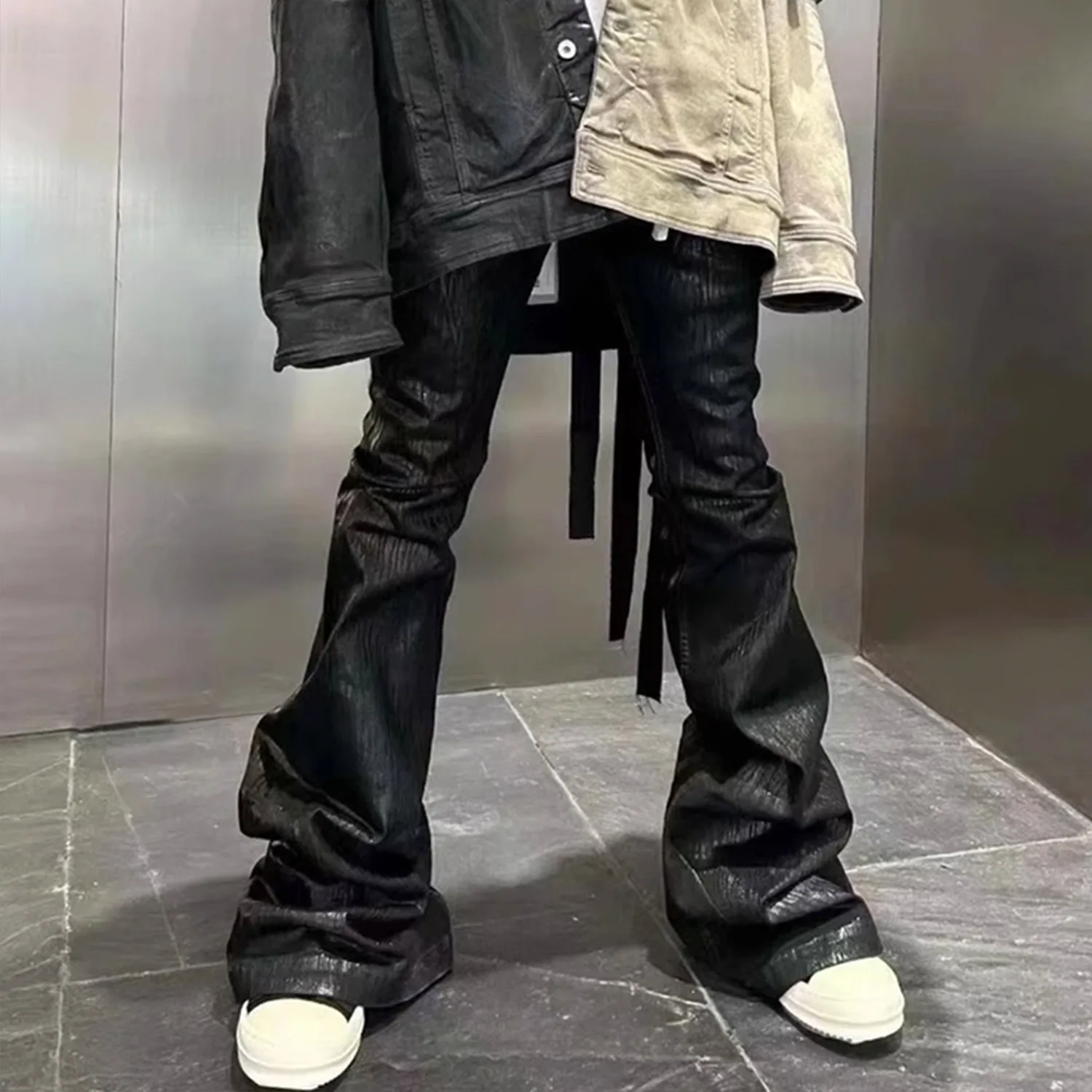 

Men Women High Street Jeans Elastic Coating Micro Pull Trousers Trendy Back Streamer