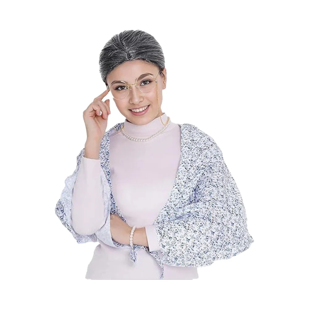 PESENAR – ensemble perruque et lunettes pour grand-mère pour adultes, chignon gris, accessoires de Costume pour cheveux de grand-mère