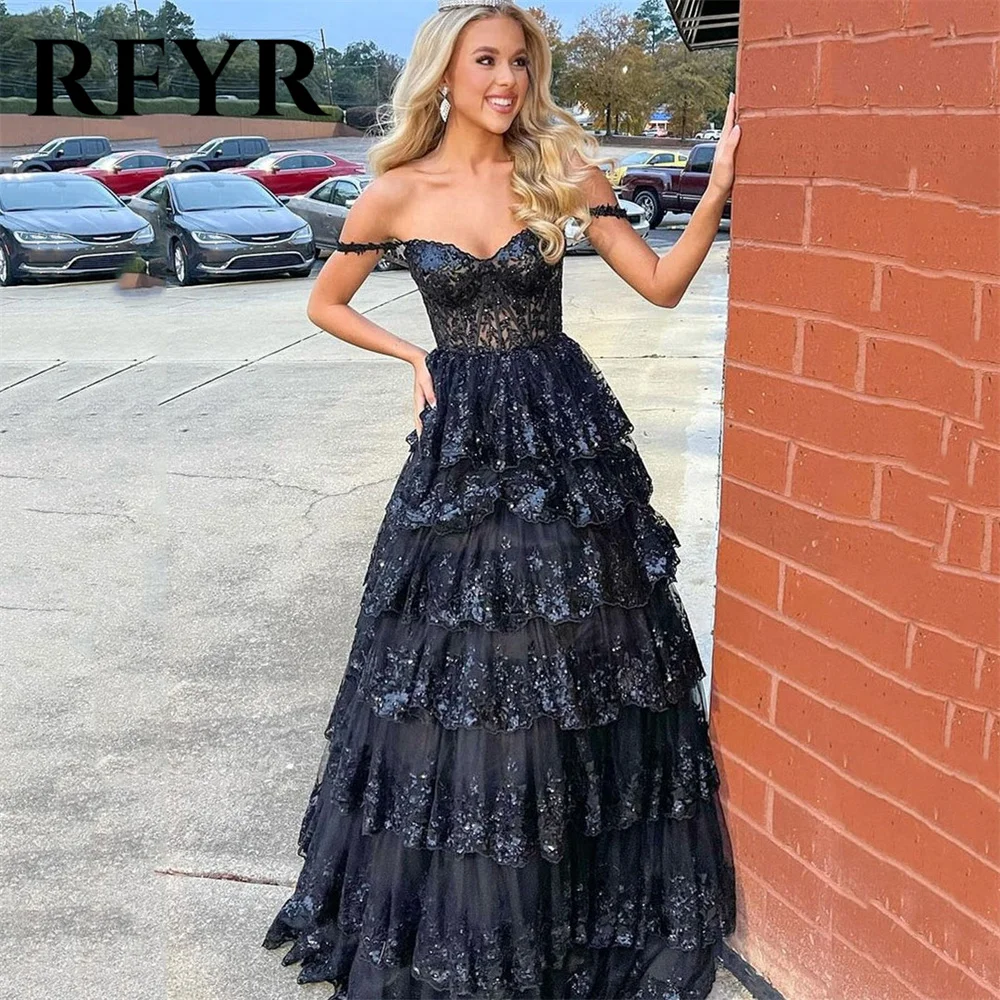 RFYR Puffy Gold Evening Dress Off  Shoulder Vestidos De Noche Sweetheart Layered Prom Dress Appliques Party Dress Customized