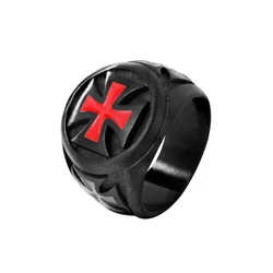 Men's Rings Black color Stainless Steel Red Armor Shield Knight Templar Crusader Cross Ring Punk Jewelry Drop Shipping