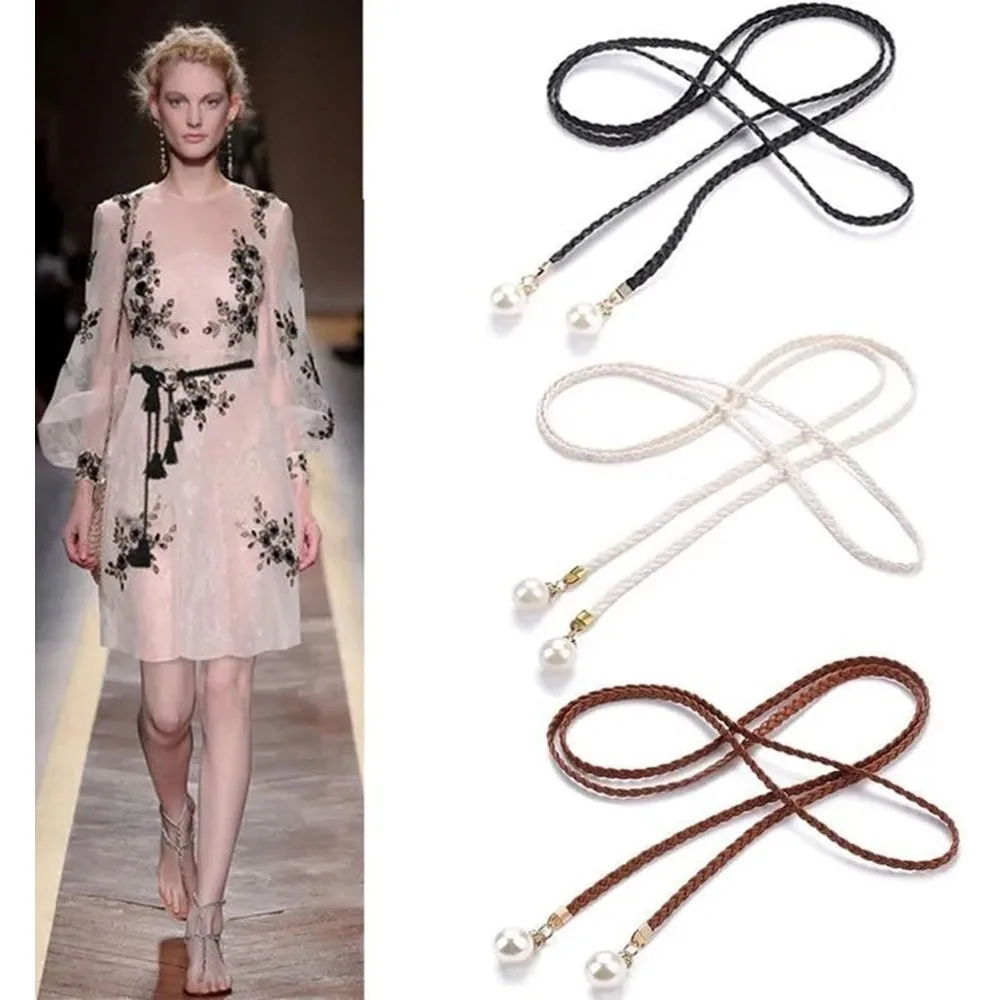 Cintura da donna intrecciata con nappe di perle Cintura in tessuto sottile per la schiena del vestito, bianco, smalto (pendente di perle