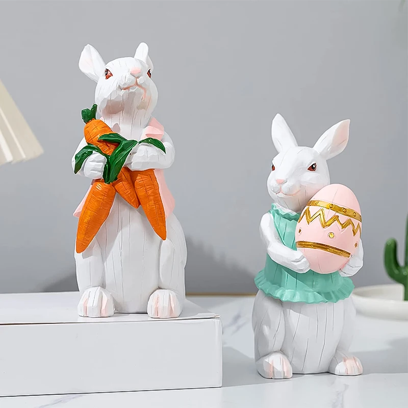 1PC Happy Easter Decoration Cute Resin Bunny Carrot Figurine Ornaments Simulated Rabbit Statue Model Home Desktop Decor Crafts