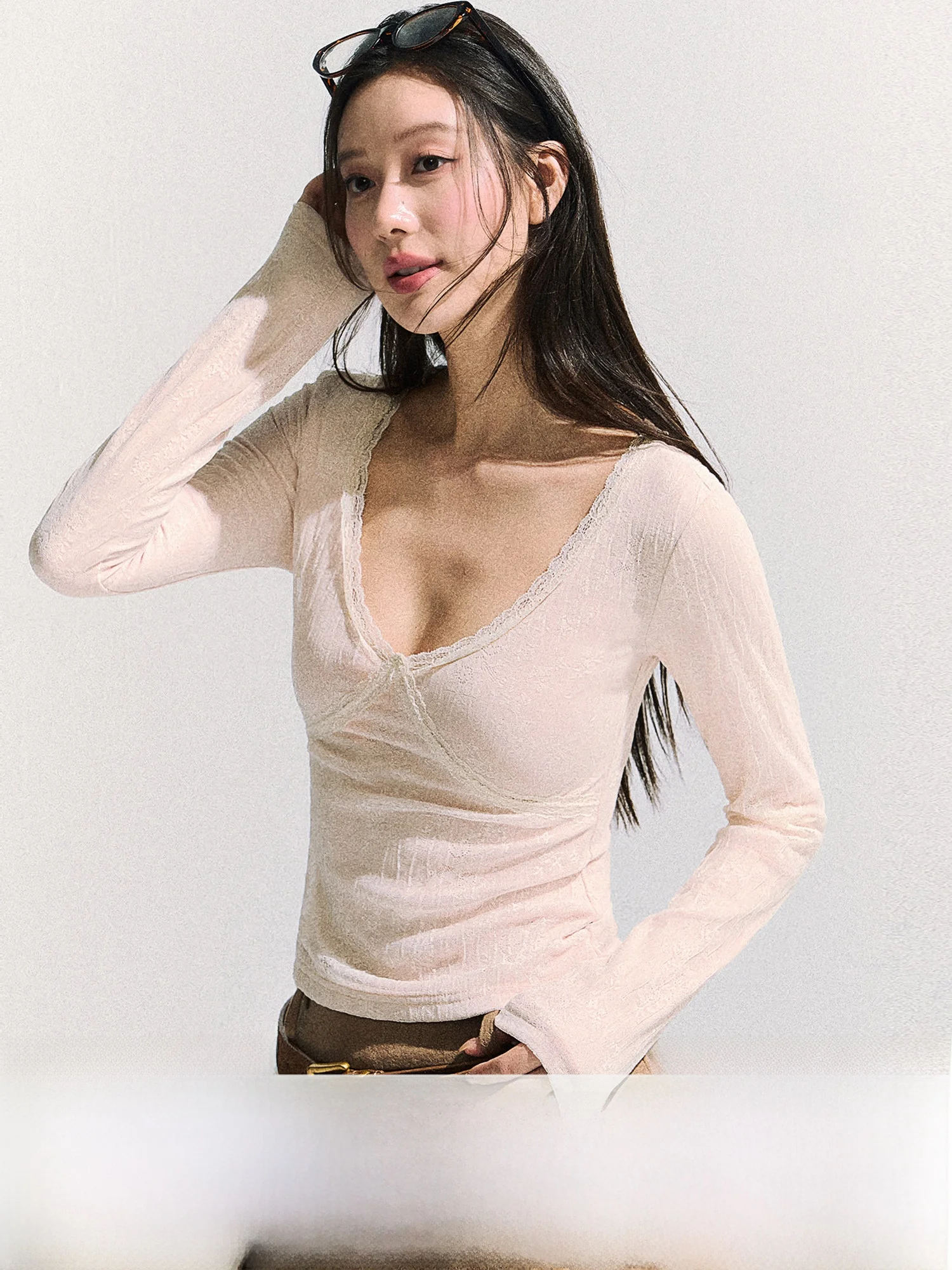 

Low-Ne Long-Sve Lace-d Base irt Women's Autumn Winter Pure Desire T-irt Inner Wear Commute Sle Slim Fit Korean...