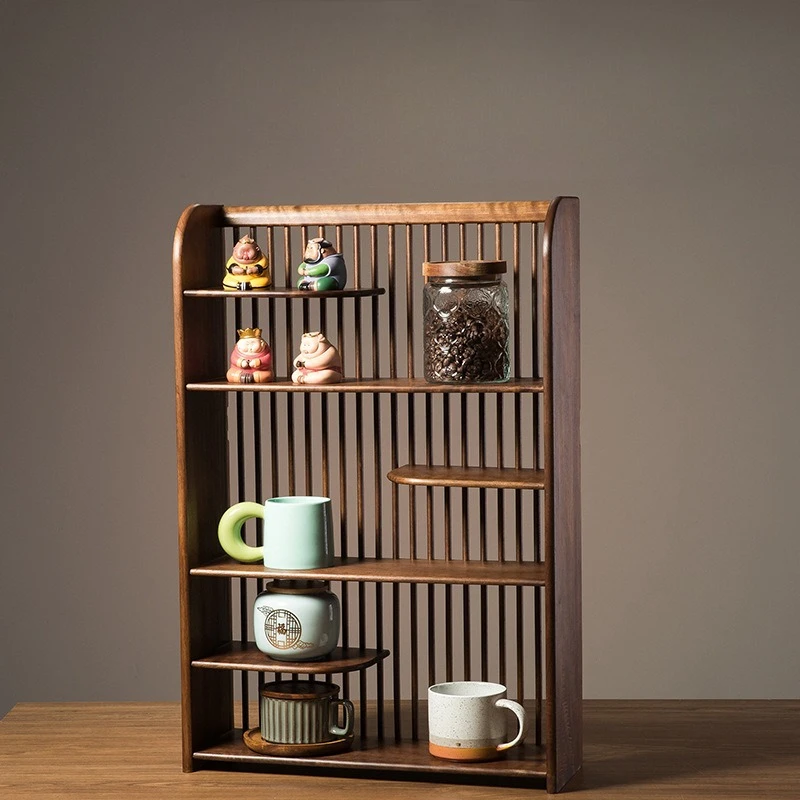

Black walnut solid wood integrated multi-purpose shelf, living room office floor multi-functional multi-layer storage rack