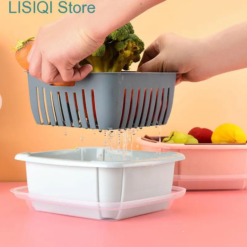 

New Kitchen Container Double-Layer Drain Basket Lid Refrigerator Crisper Square Washing Fruit Vegetable Basket Kitchen Organizer