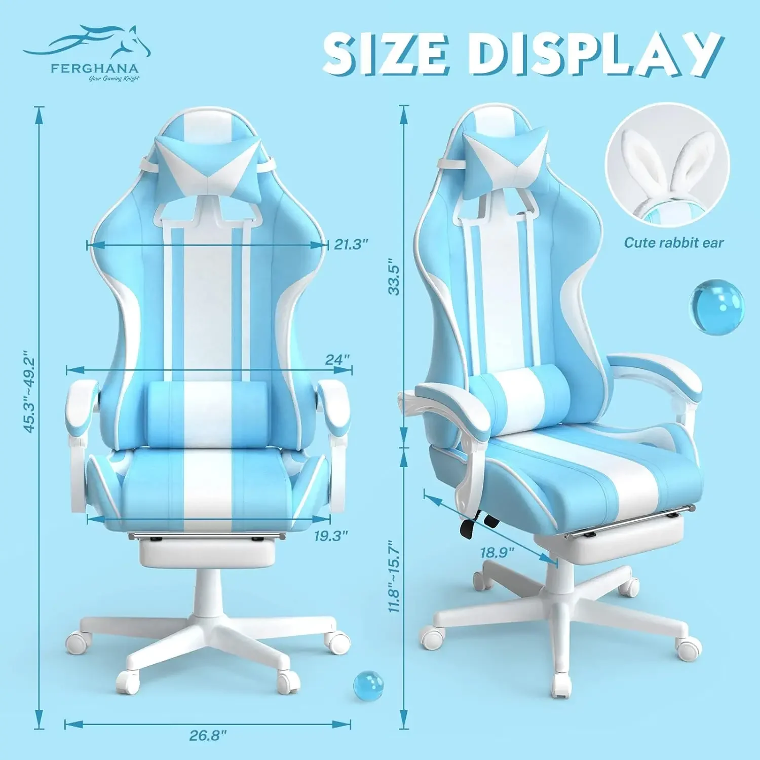 Cadeira de jogos Ferghana Kawaii azul claro com orelhas de coelho, cadeira gamer ergonômica fofa com apoio para os pés e massagem, reclinável de corrida