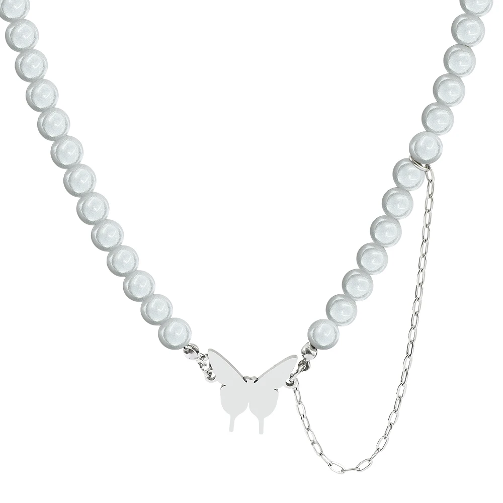 

Y2K Glow-in-the-Dark Pearl Bead Choker Necklace Silver Butterfly Charm Luminous Cute Jewelry Gift for Women And Teen Girls