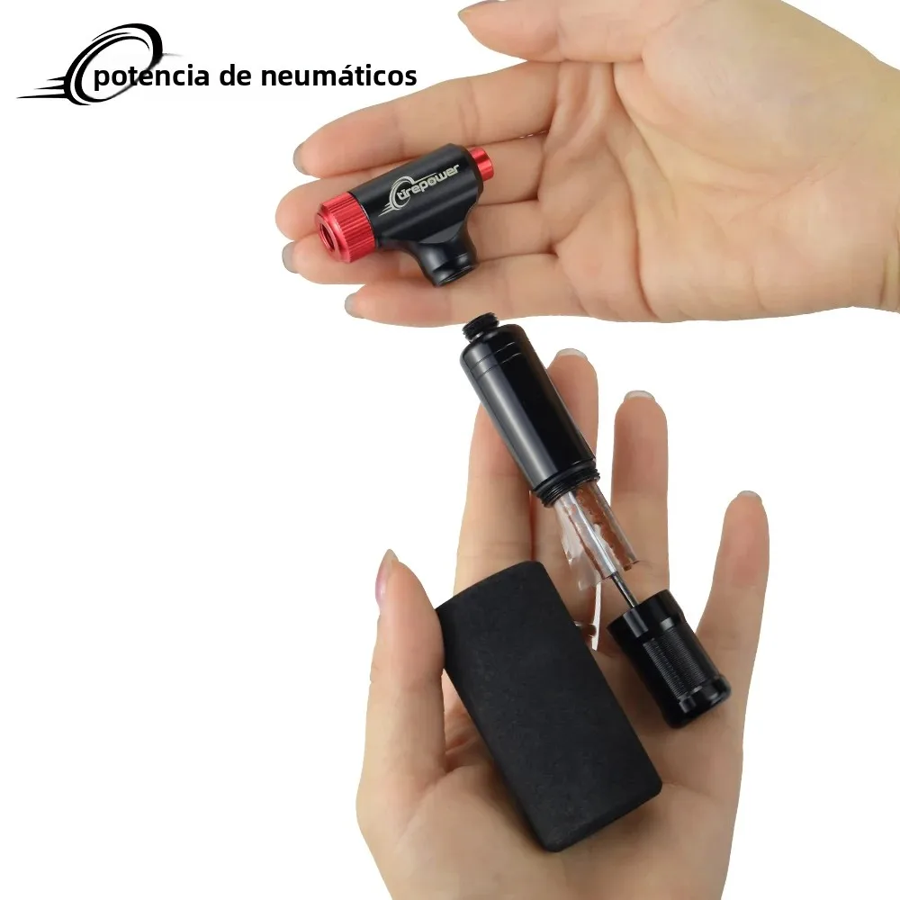 Imagen: Bomba de bicicleta CO2 de aleación de aluminio con Kit de reparación de neumáticos sin cámara, válvula Schrader y Presta, inflador de neumáticos de bicicleta CO2 para bicicleta de carretera MTB