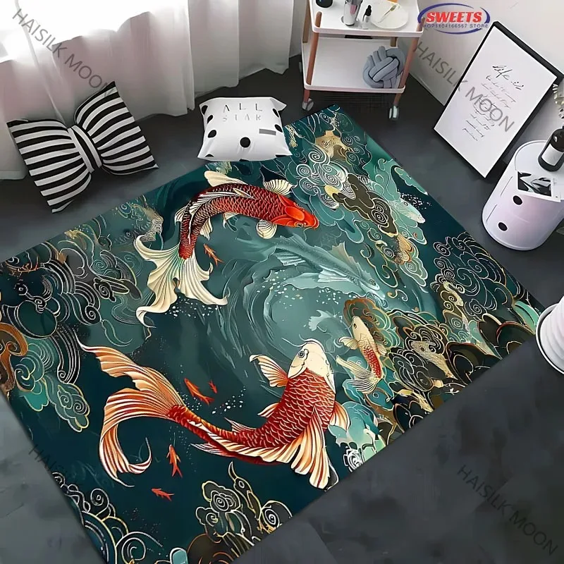 3D National Trend Koi Carp Playing Cloud Carpet Living Room Rug Room Decor Summer Indoor Floor Mat Color Office Multi-scene Mat