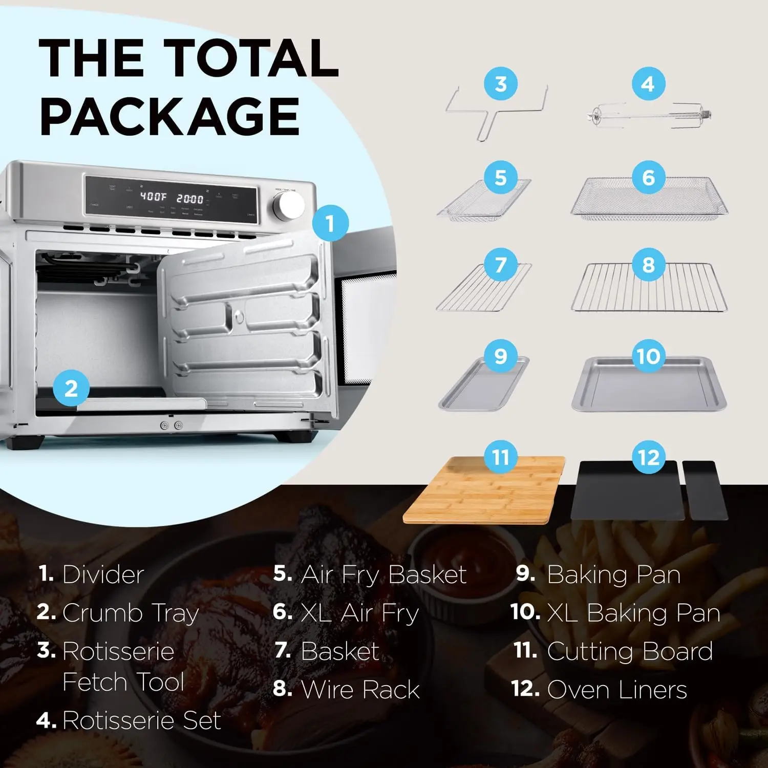 French Door Oven - 32 Qt Convection Toaster Combo - 10-in-1 Multifunction Up to 450° - 1800W - Temperature Control, Timer