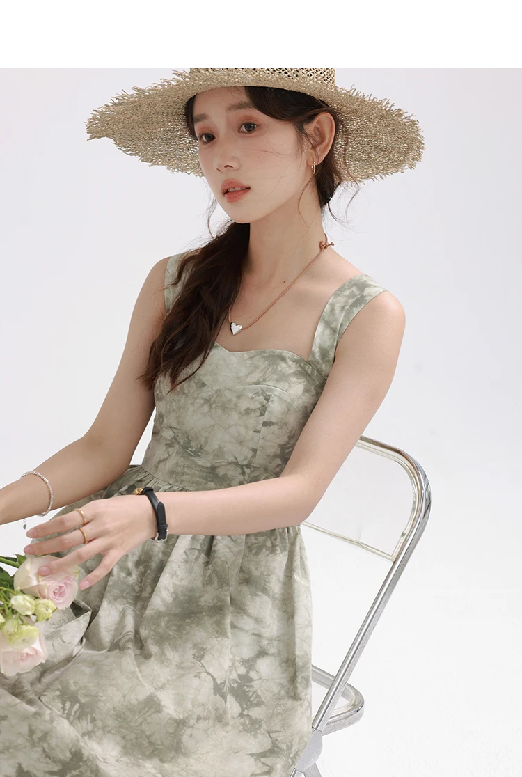 Elegant Chinese Style Printed Maxi Dress Women Sleeveless Tie-Dye Square Neck Outfit Slim Fit Waist Cami Long Dress Summer Look
