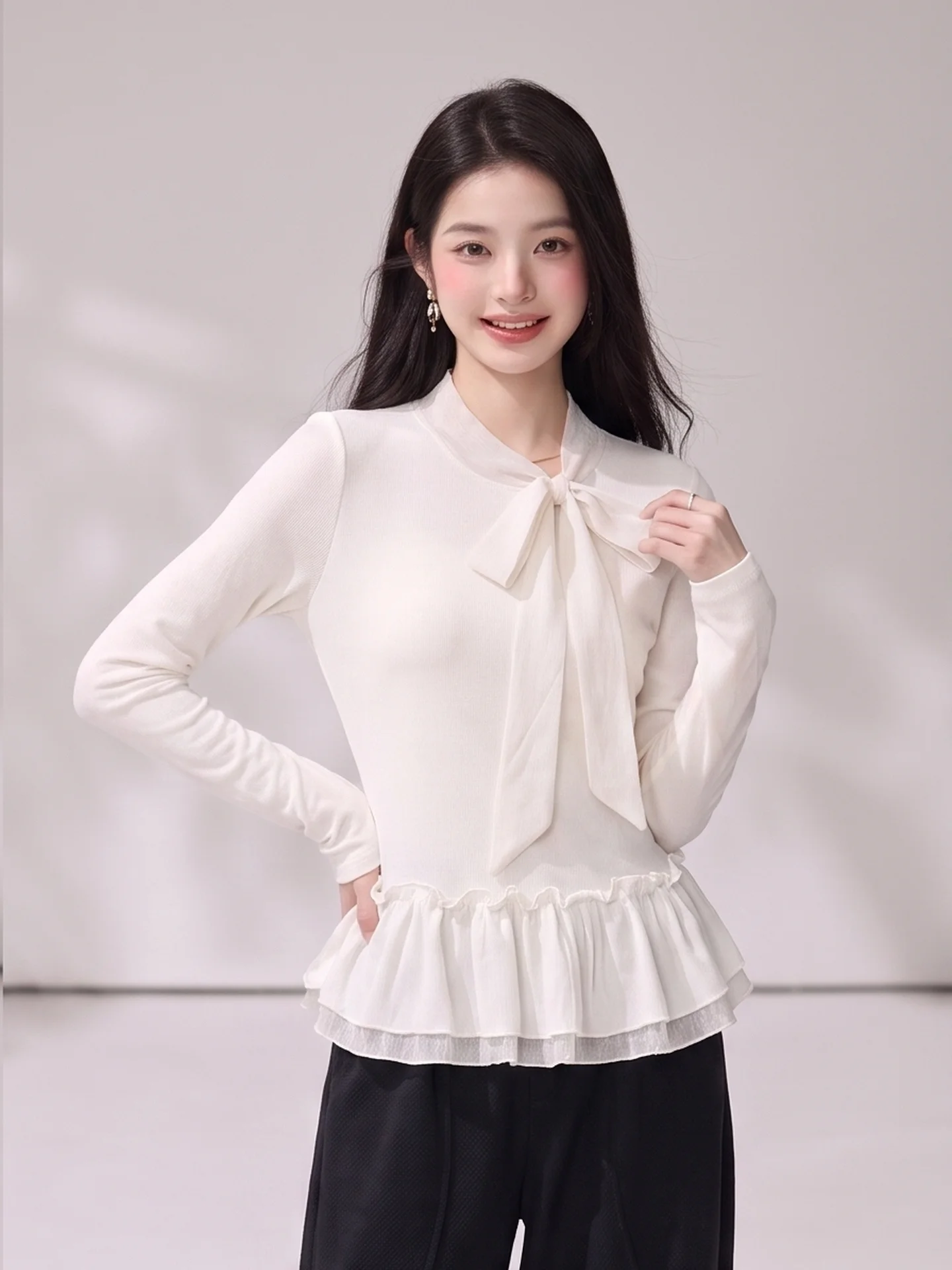 Korean Style  Knot Long Sleeve T-Shirt Women's Slimming Top City Walk Pure Color Patchwork Bell  Autumn Fashion