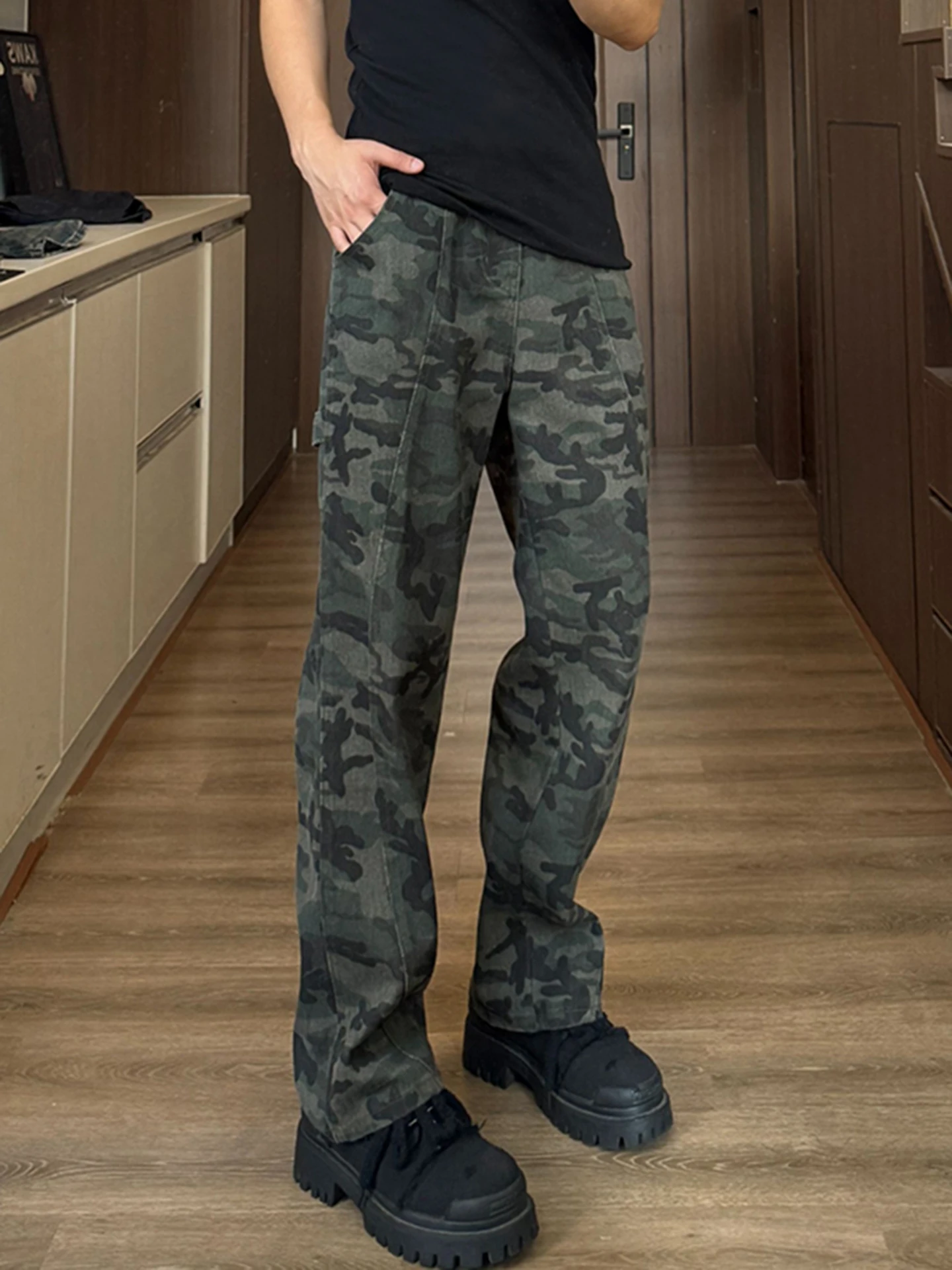 

American High Street Camouflage Jeans Men's Autumn Fashion Slant Cut Flared Slim Straight Leg Denim Pants Youth Wear