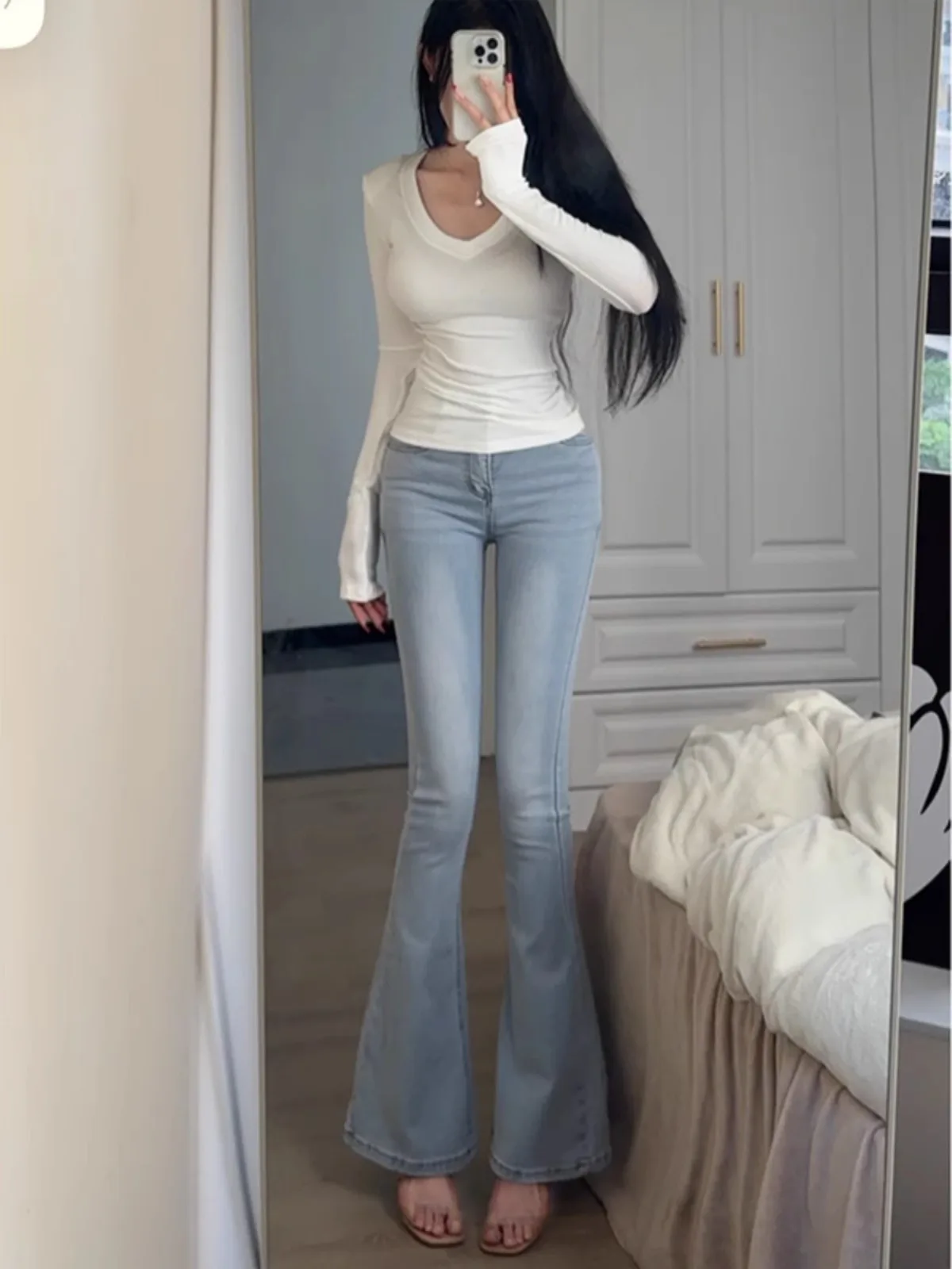High Waist Flared Jeans Women's Bootcut Denim Pants Butt Lifting Slimming Cotton Stretch Retro Waed Small Stature 50cm