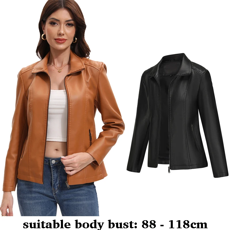 

high quality women leather slim jacket long sleeve collar zipper pocket casual autumn winter 2025 clothing black brown