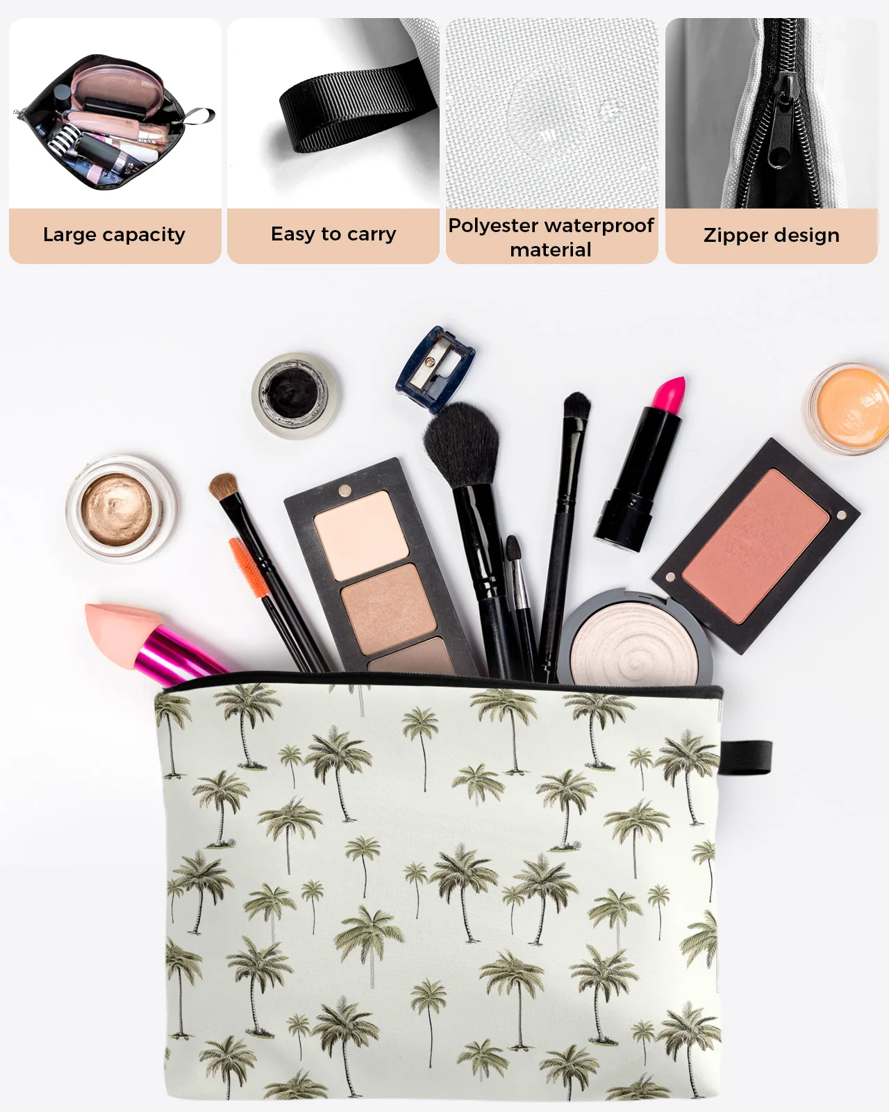 Palm Trees Plant Leaves Makeup Bag Pouch Travel Essentials Lady Women Cosmetic Bags Toilet Organizer Kids Storage Pencil Case