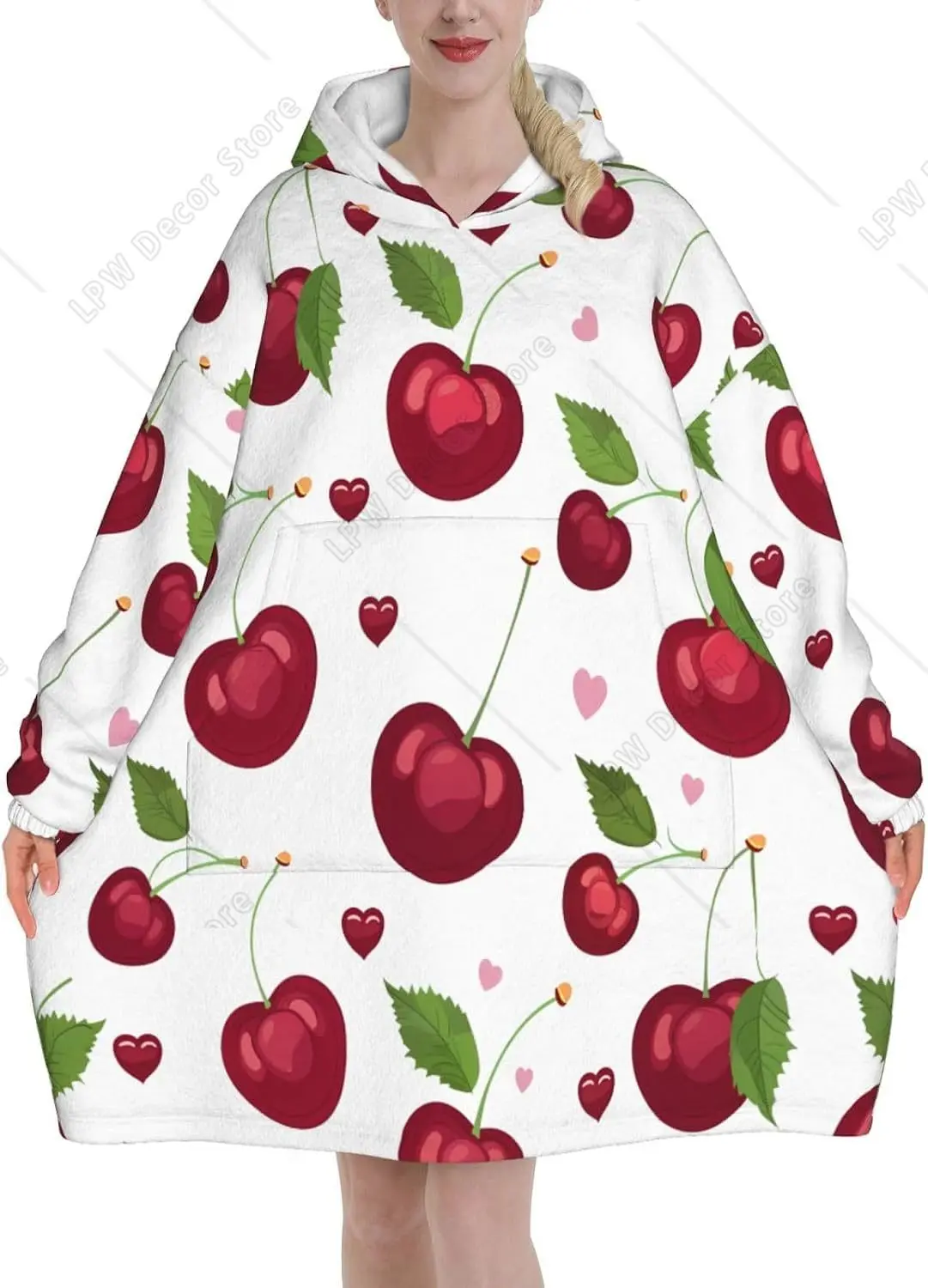 Summer Cherry Fruit Pattern Wearable Blanket Hoodie Oversized Sweatshirt Blanket Cozy Warm Sherpa Hooded Blanket