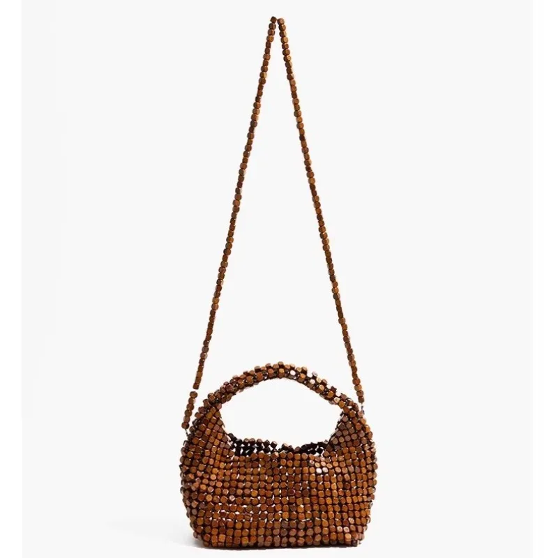 Vintage niche Wooden Beaded Handbag 2026 New Handwoven Shoulder Messenger Bag Summer Beach Bag
