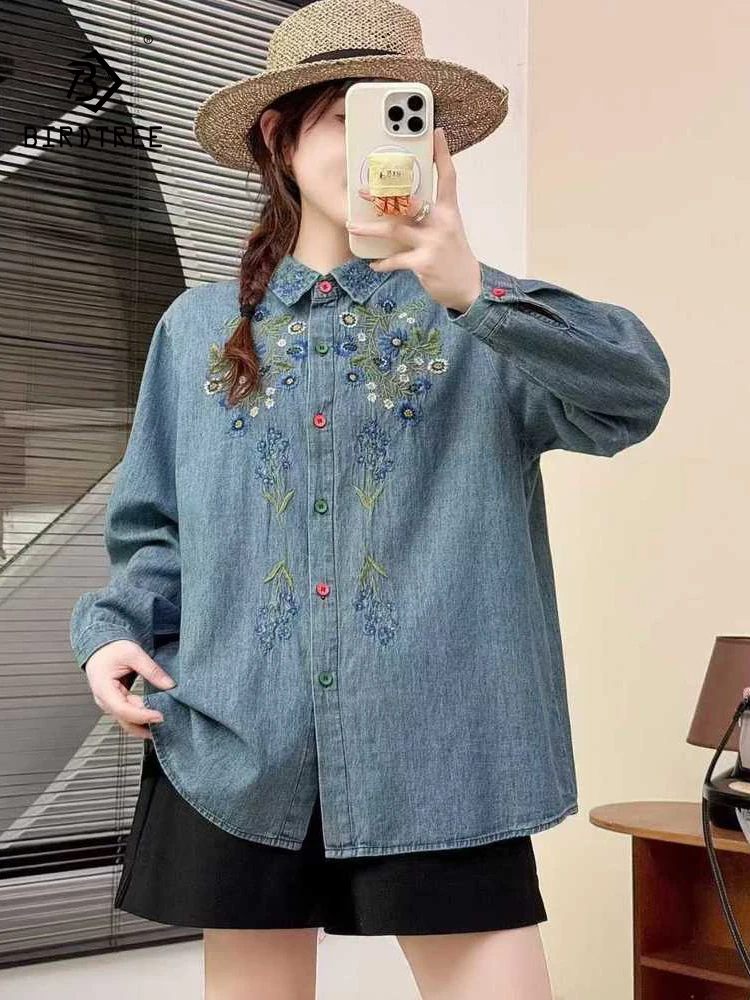 

Новинка 2025, осенняя джинсовая рубашка с длинными рукавами, женская отложная воротник с цветочной вышивкой, повседневная свободная блузка в стиле ретро Mori Girl T59752CC