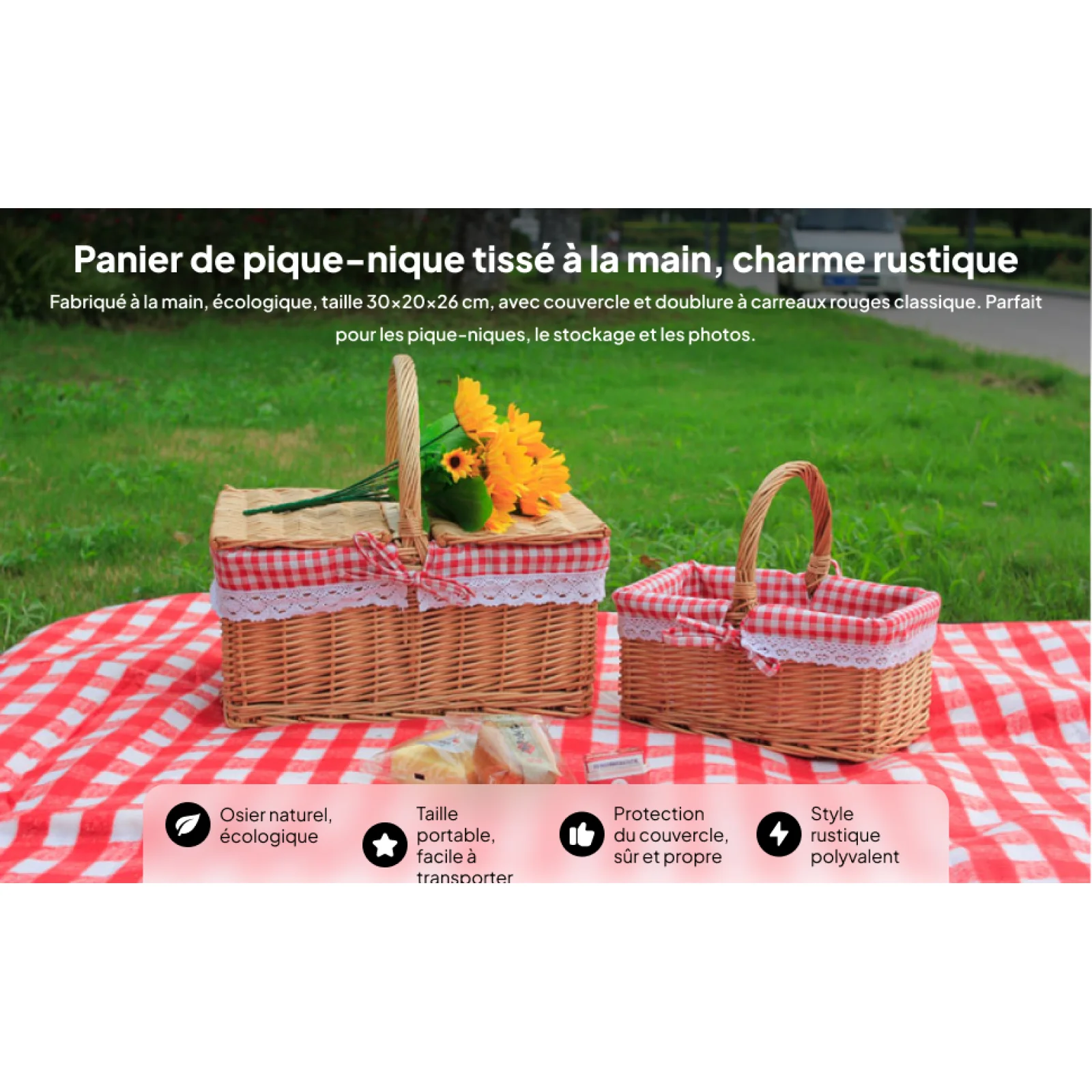 Picnic Basket Sturdy with Lid and Handle Rattan Storage Serving Basket for Outdoor Decoration for Home Hiking Vegetables