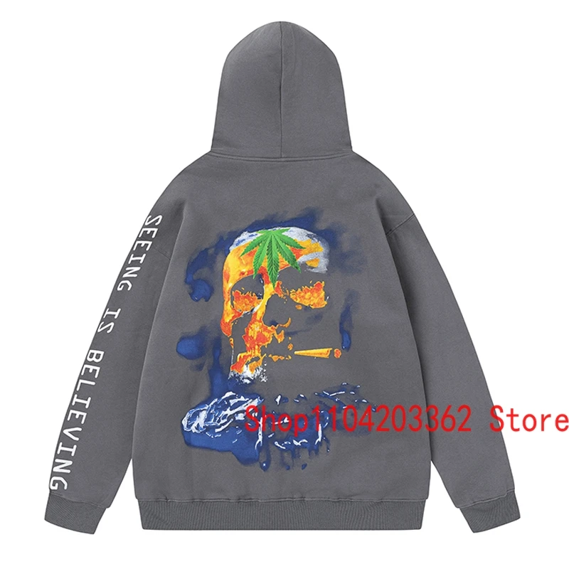 American High Street Trend Brand CACTUS JACK Hoodie Sleeves Seeing Is Believing Print Blurry Skull Hooded Sweatshirts Men Women