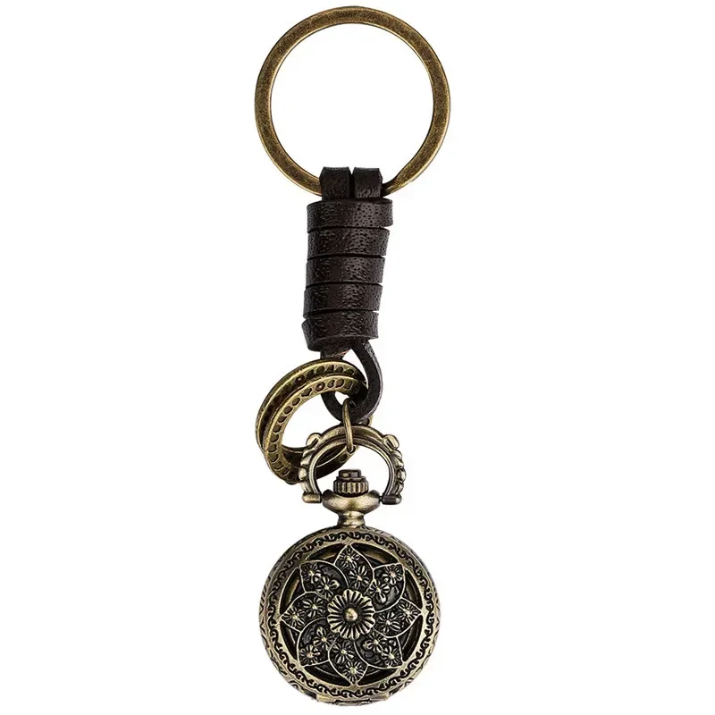 Bronze Pocket Watch Hollow-Out Flower Case Mini Size Pendant Key Ring Quartz Timepiece for Men Women Arabic Number Display