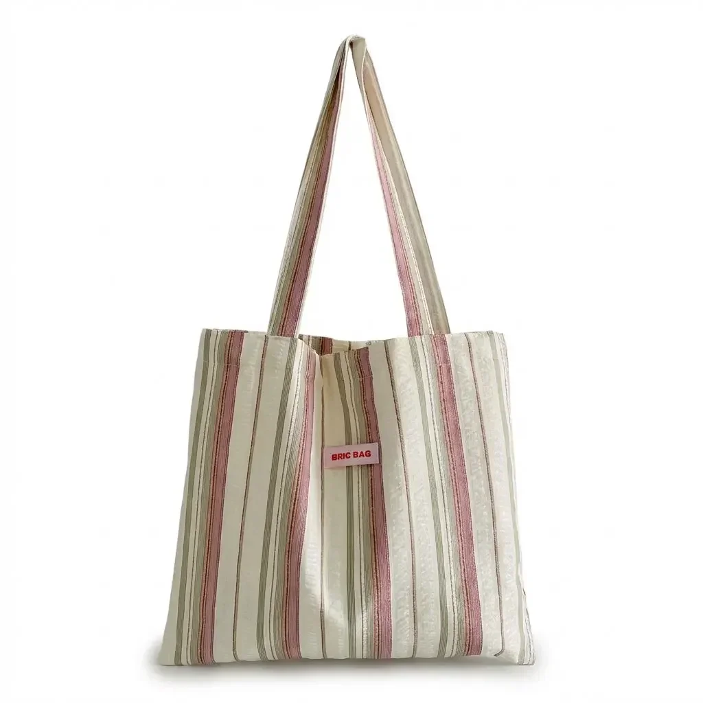 Ladies Pastel Striped Seersucker Tote Bag Casual Large Capacity Daily Shoulder Bag Handbag
