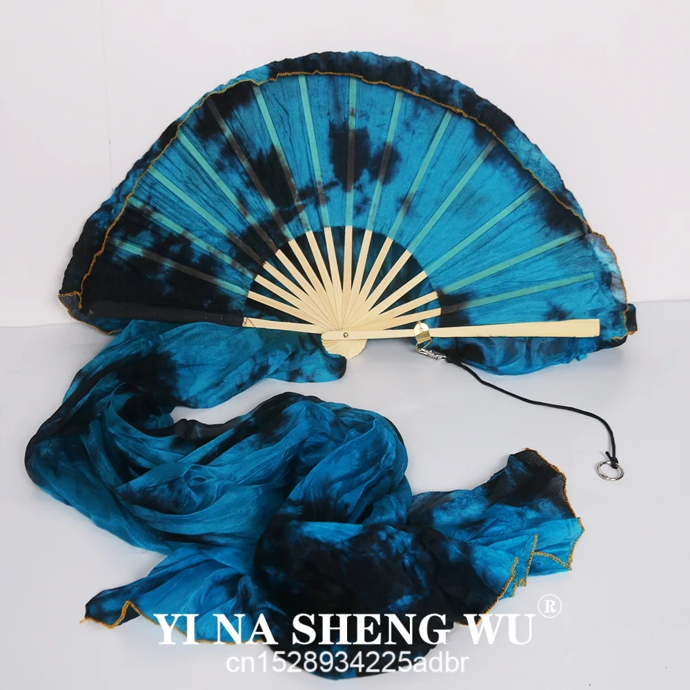 1PC/1Pair Silk Fans + Poi Rope 2 in 1 Tie-Dyed 100% Real Silk Belly Dance Silk Fans Long Fan Chinese Dance Fan Veils BellyDance
