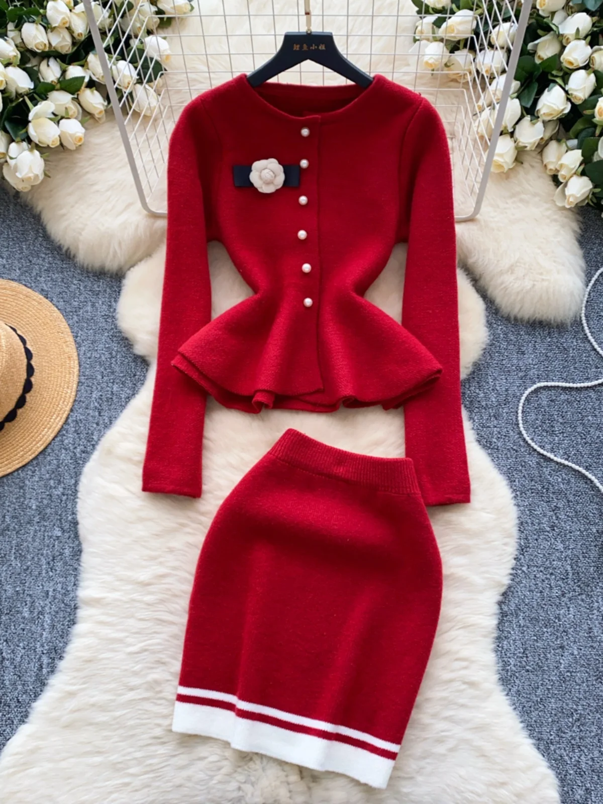 Gagaok Temperament Round Neck Cardigans Skirt Sets Women Pearl Button Knit Sweater Tight Fitting High Waist Mini Skirts 2 Piece